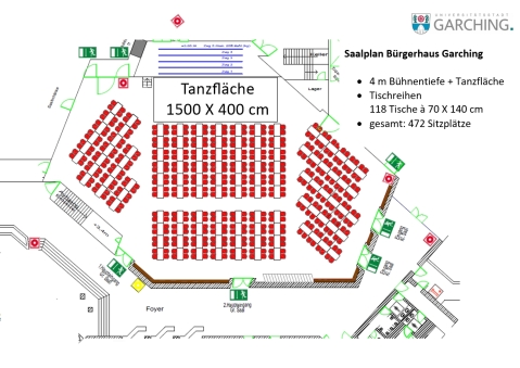 4 m Bühne + Tischreihen + Tanzfläche