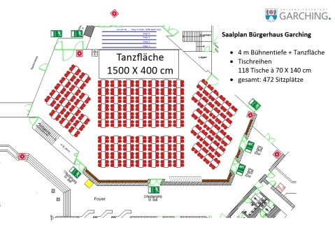 4 m Bühne + Tischreihen + Tanzfläche